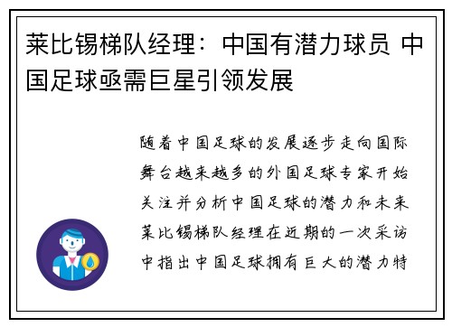 莱比锡梯队经理：中国有潜力球员 中国足球亟需巨星引领发展