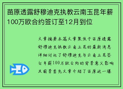 苗原透露舒穆迪克执教云南玉昆年薪100万欧合约签订至12月到位